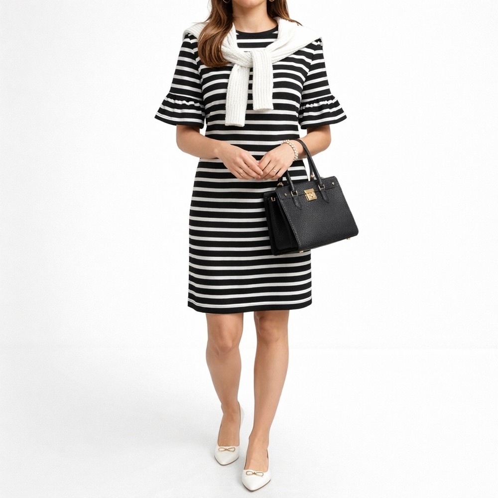 J. Crew Women's Striped Printed Ruffle Sleeve Cotton Midi T-Shirt Dress Size XL